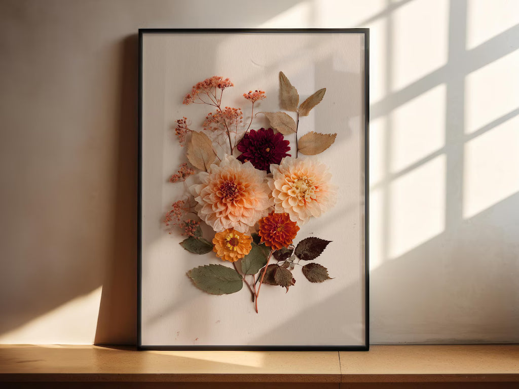 Gepresste Dahlie Print | Orangefarbenes botanisches Poster | Getrocknete Blumen Wandkunst