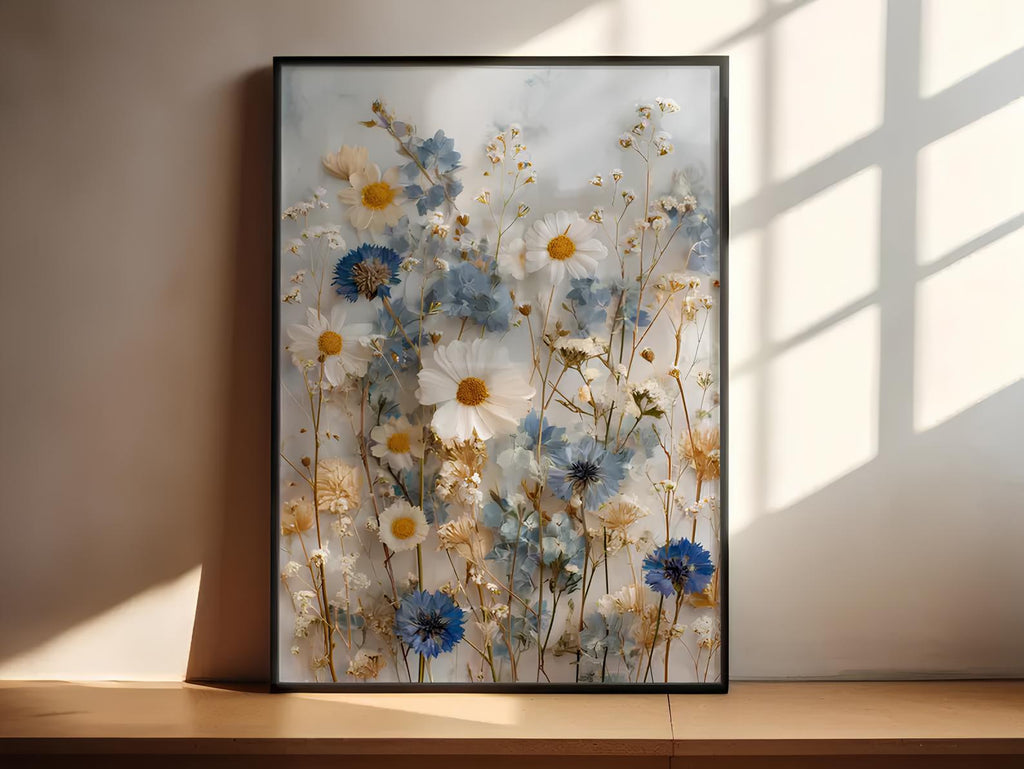 Gepresster Wildblumen Druck | Gänseblümchen Poster | Kornblumen Wiese Wandkunst