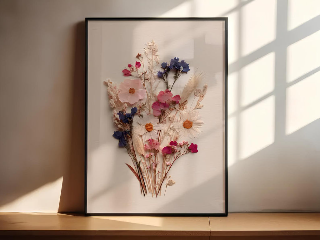 Getrocknete Wildblumen Kunst | Blumen Druck | Rosa Blau Blumendruck