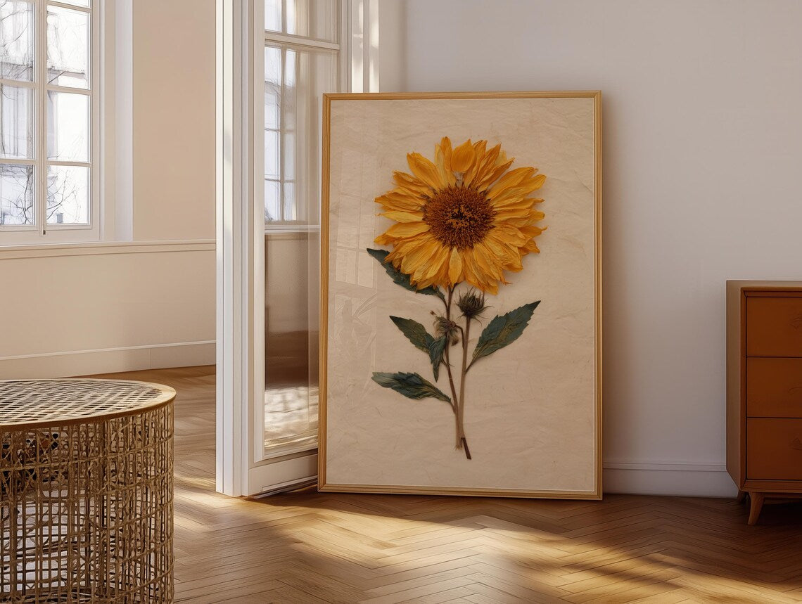 Gepresster Sonnenblumendruck Vintage Botanische Wandkunst Trockenblume Poster Gelbe Blumenkunst