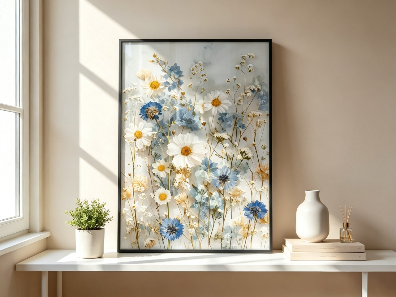 Gepresster Wildblumen Druck | Gänseblümchen Poster | Kornblumen Wiese Wandkunst