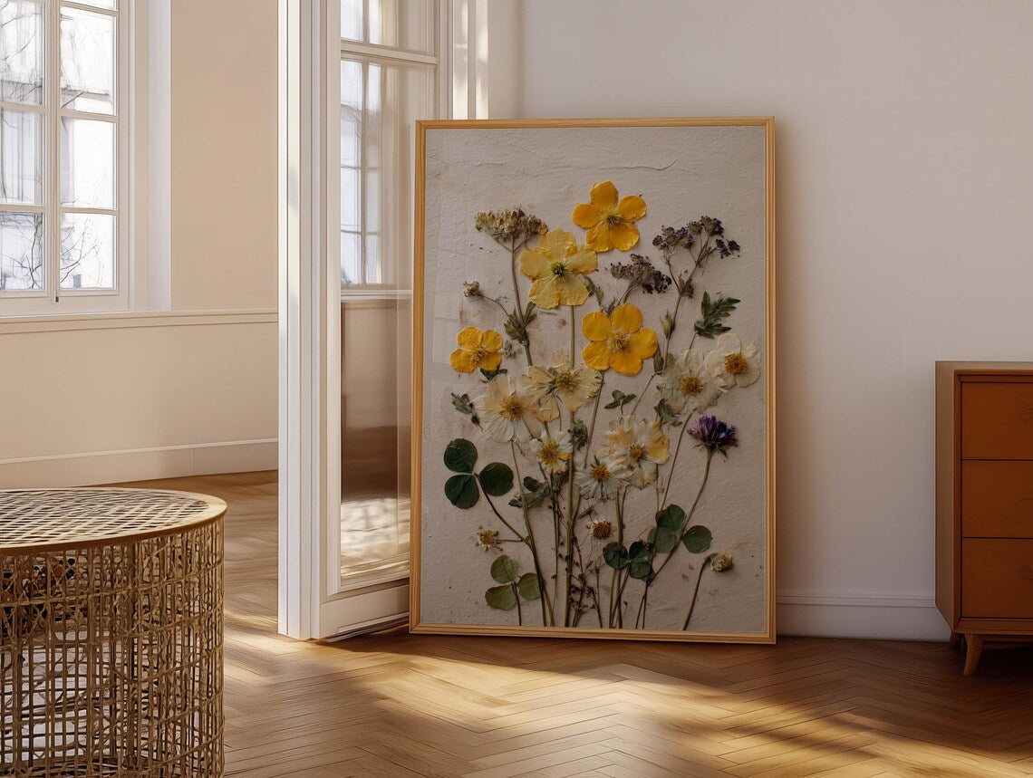 Gepresste Blumen Wandkunst | Getrocknete Wildblumen | Gelbes Botanisches Poster