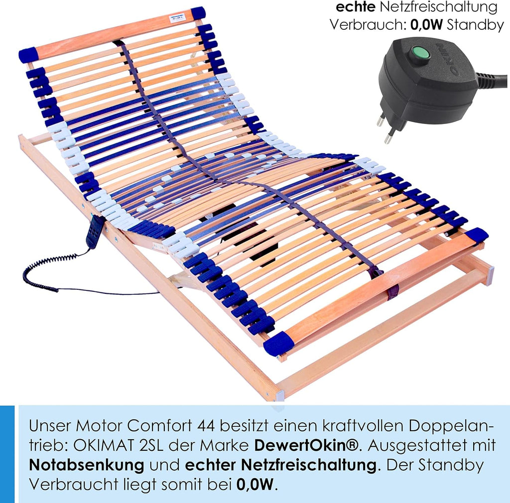 Elektrischer Lattenrost Motor Comfort 44 90x200 cm 7 Zonen Buchenholz 44 Federleisten Kopf- und Fußteil verstellbar