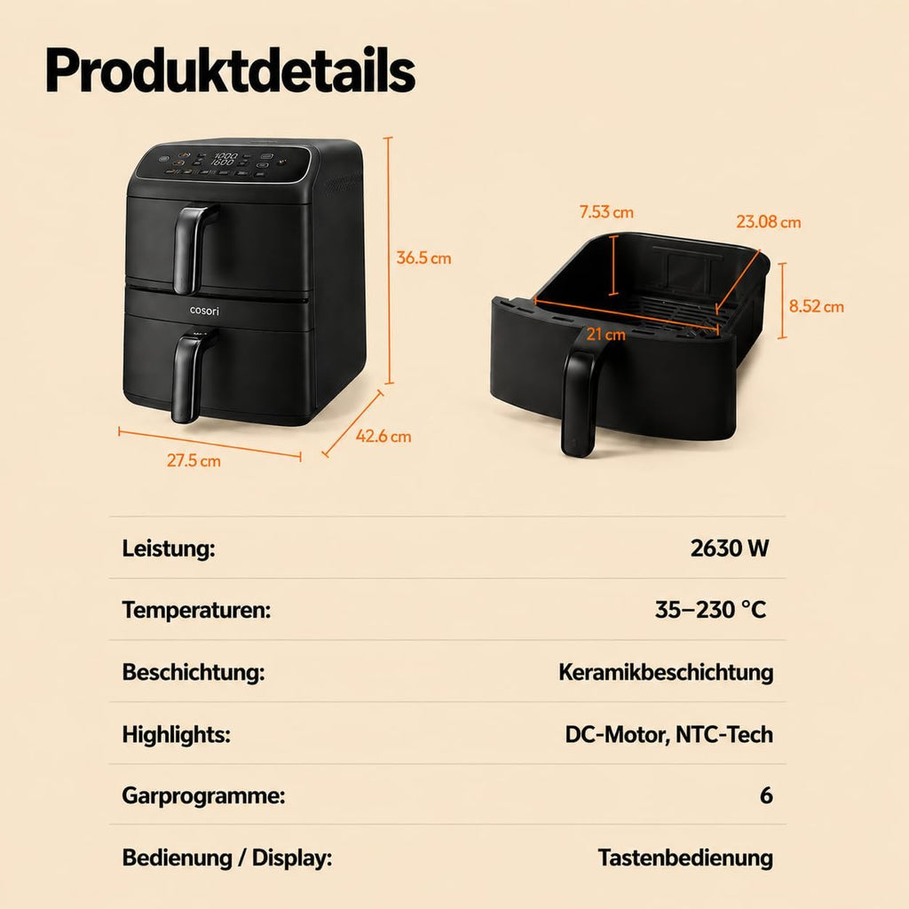 Heißluftfritteuse Turbo Tower Compact 8,6 l Doppelkammer mit Keramikbeschichtung 2600 W Modell DC861