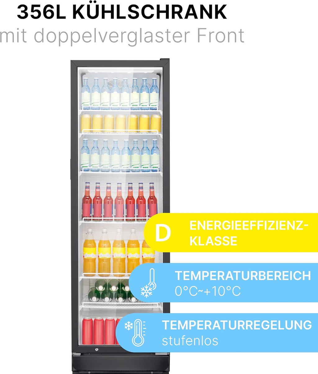 Getränkekühlschrank mit Glastür KSG 7351 356 Liter LED-Beleuchtung 6 höhenverstellbare Ablagen abschließbare Tür