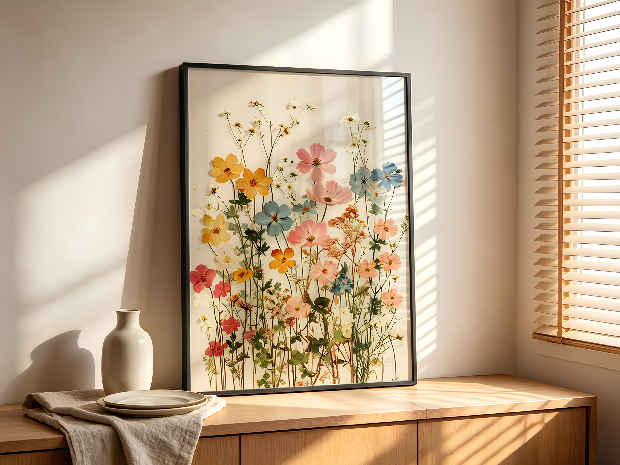 Gepresster Blumen Botanischer Druck | Vintage Wildblumen Wandkunst | Wiesenblumen Poster | Cottagecore Dekor
