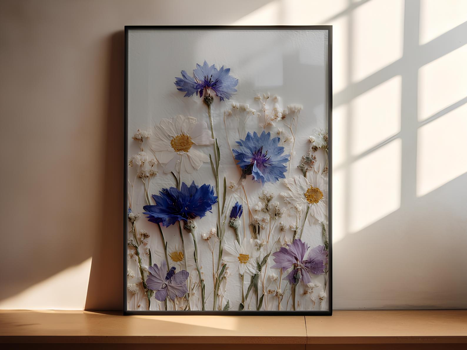 Blumen Druck Wildblumen Wand Kunst Poster Blaues Gänseblümchen Cottagecore Dekor