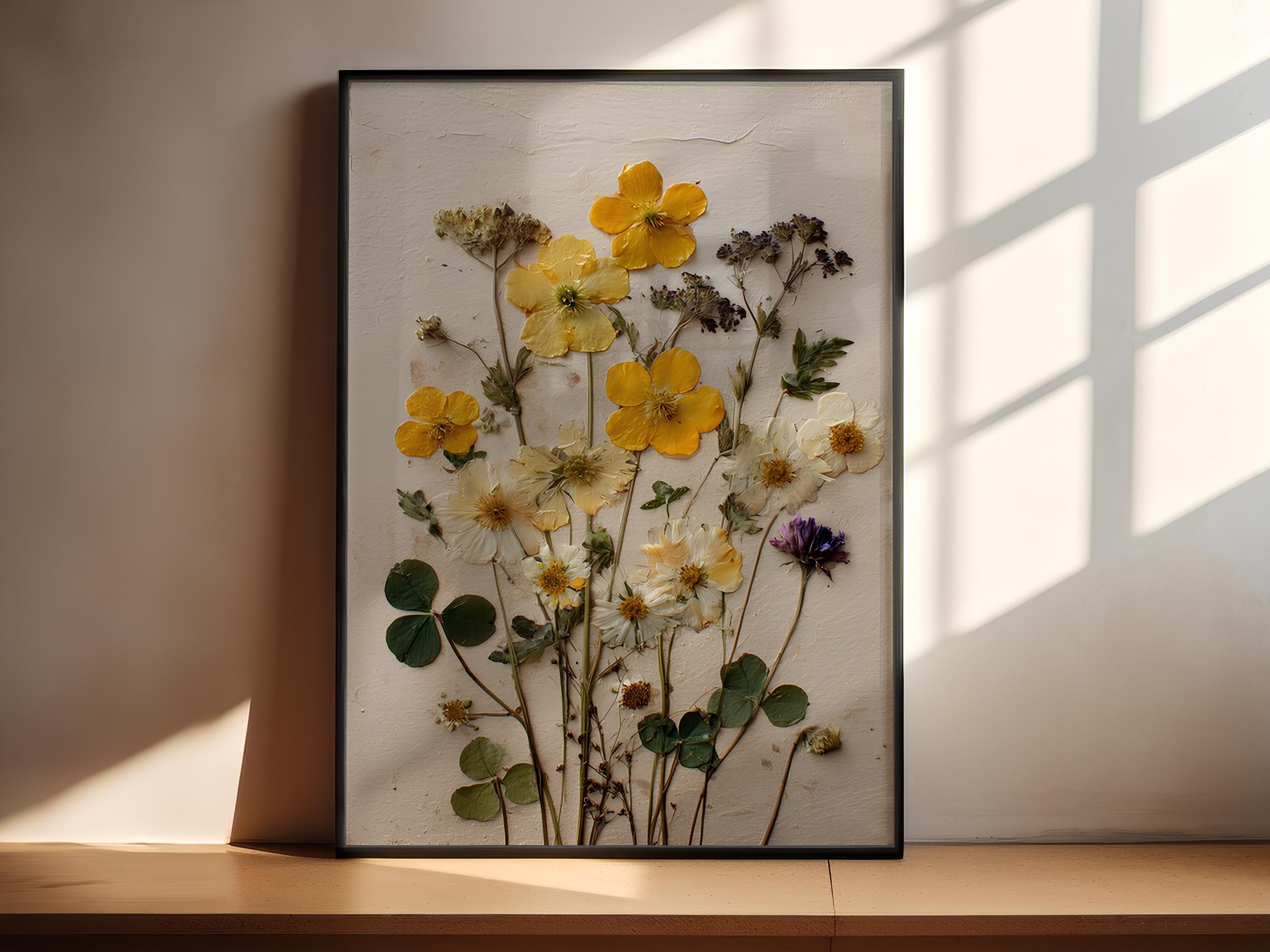 Gepresste Blumen Wandkunst | Getrocknete Wildblumen | Gelbes Botanisches Poster