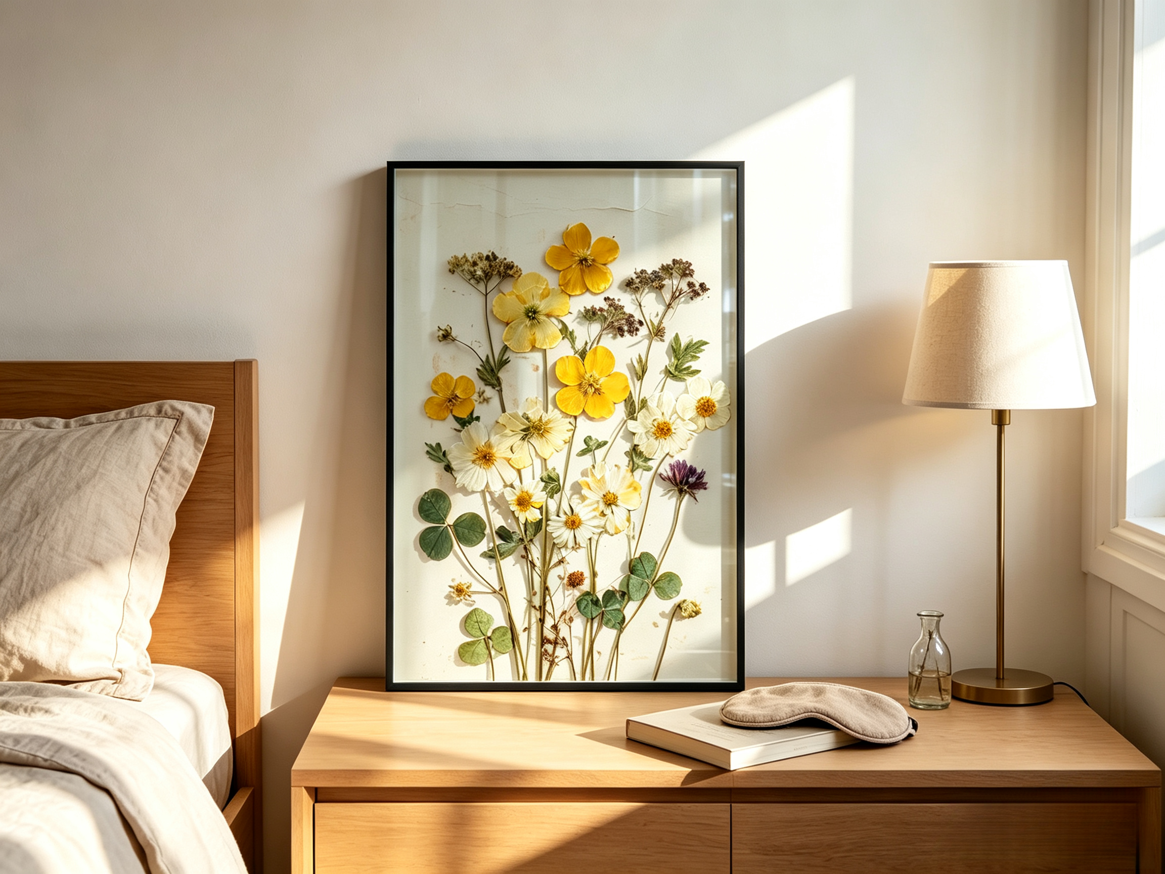 Gepresste Blumen Wandkunst | Getrocknete Wildblumen | Gelbes Botanisches Poster
