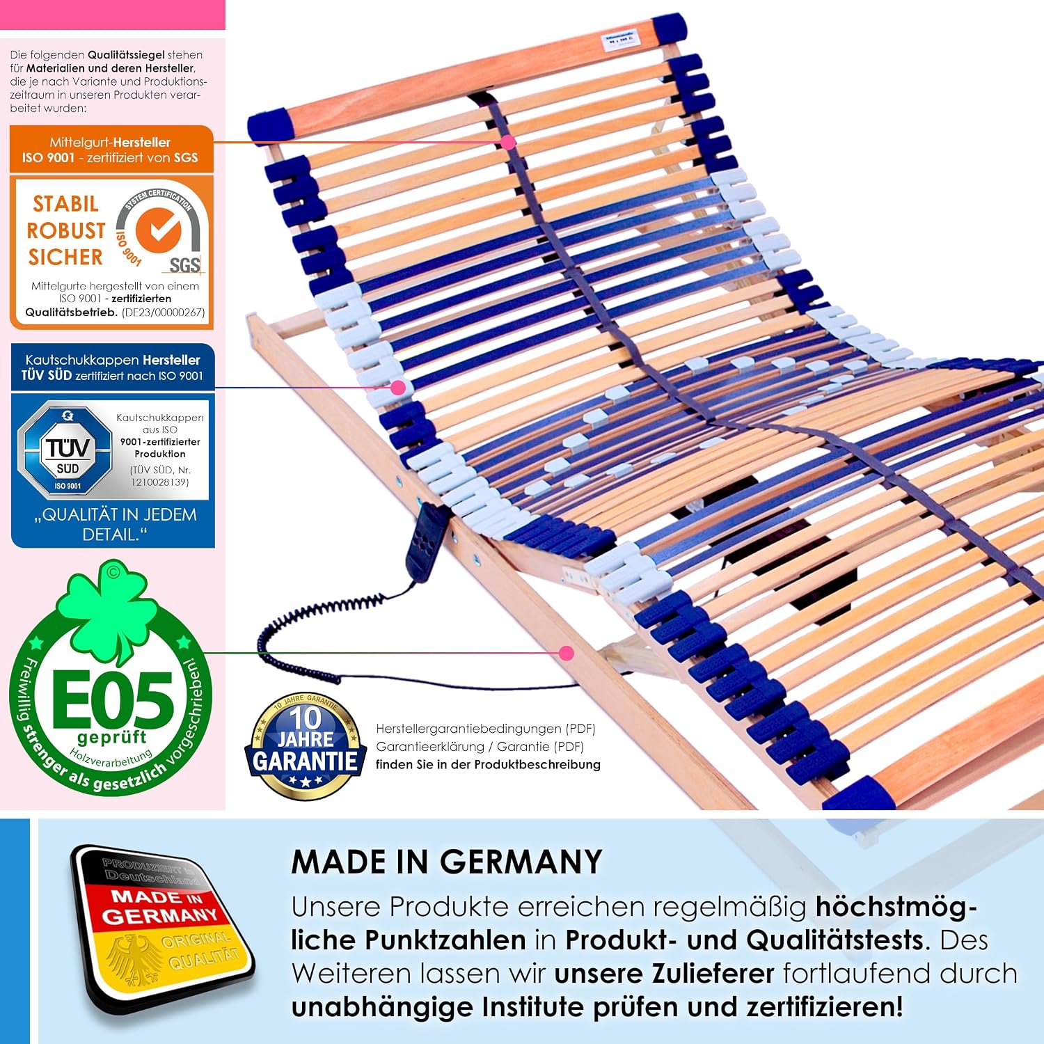 Elektrischer Lattenrost Motor Comfort 44 90x200 cm 7 Zonen Buchenholz 44 Federleisten Kopf- und Fußteil verstellbar