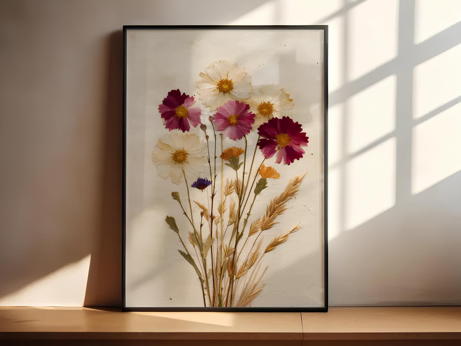Getrocknete Wildblumen Kunstdruck | Gepresste Blumen Wandkunst | Vintage Cottagecore Dekor
