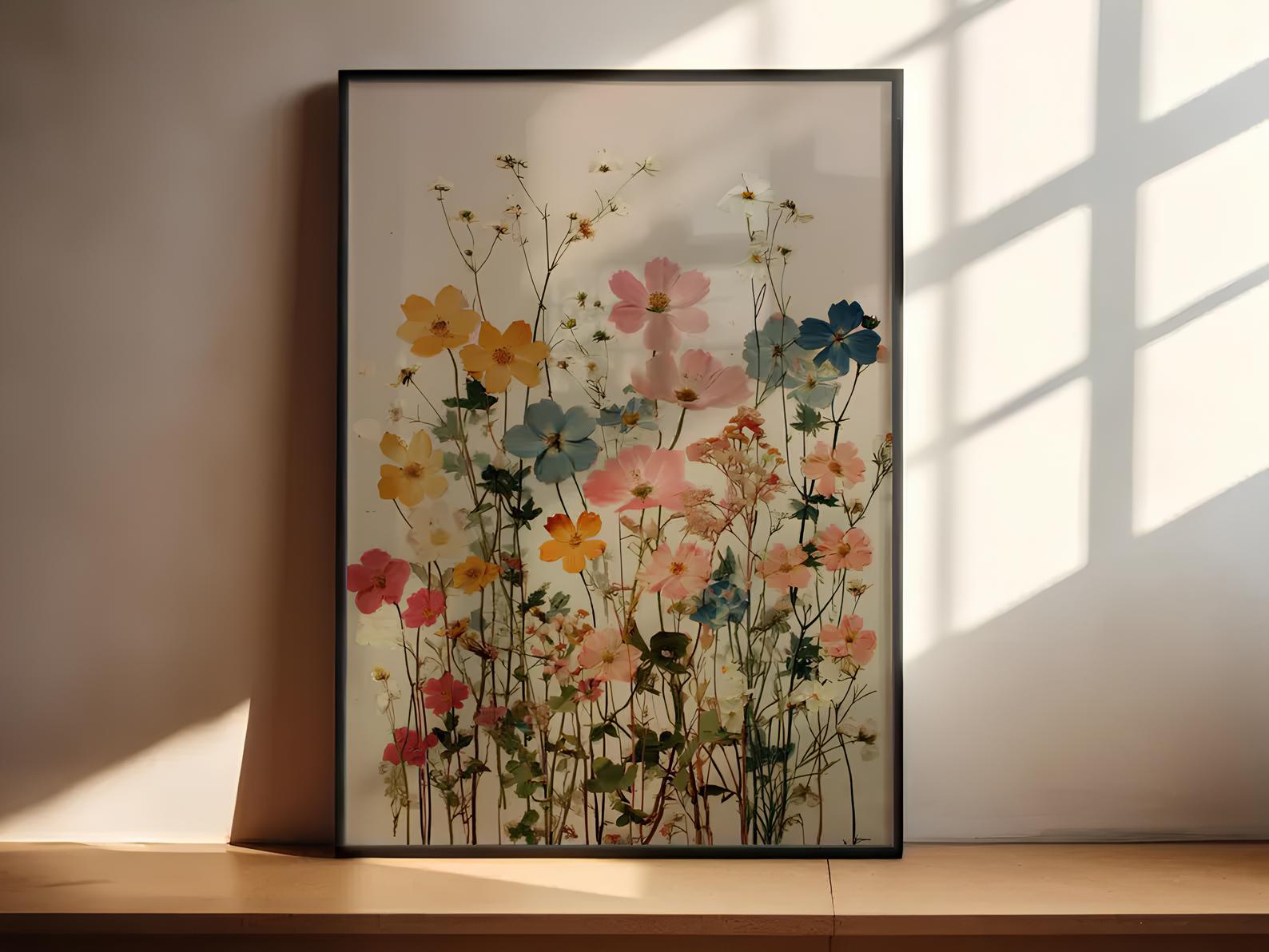 Gepresster Blumen Botanischer Druck | Vintage Wildblumen Wandkunst | Wiesenblumen Poster | Cottagecore Dekor