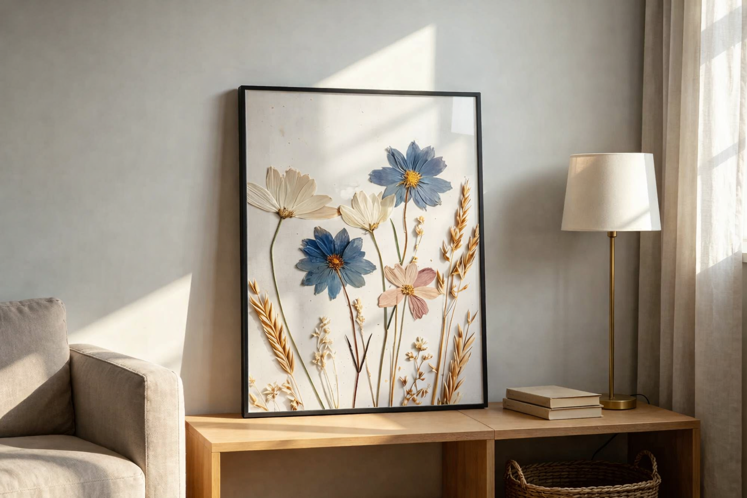 Gepresste Blumen Wandkunst – Blauer Kosmos Botanischer Druck – Getrocknete Wildblumen Poster – Vintage Pflanzenkunst