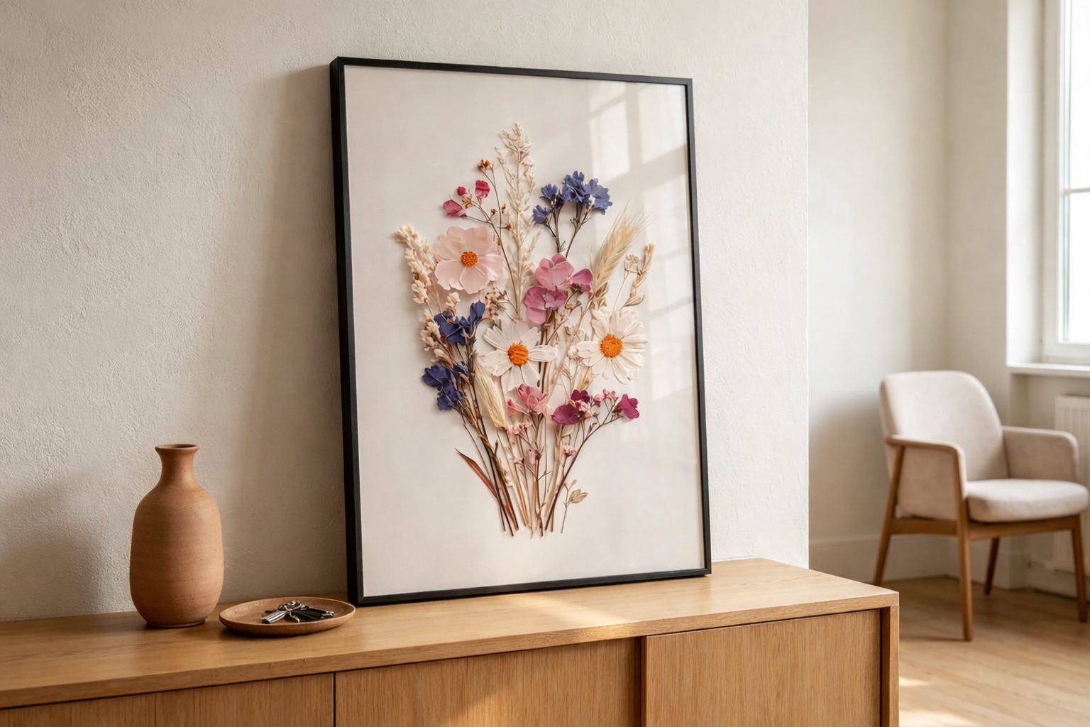 Getrocknete Wildblumen Kunst | Blumen Druck | Rosa Blau Blumendruck