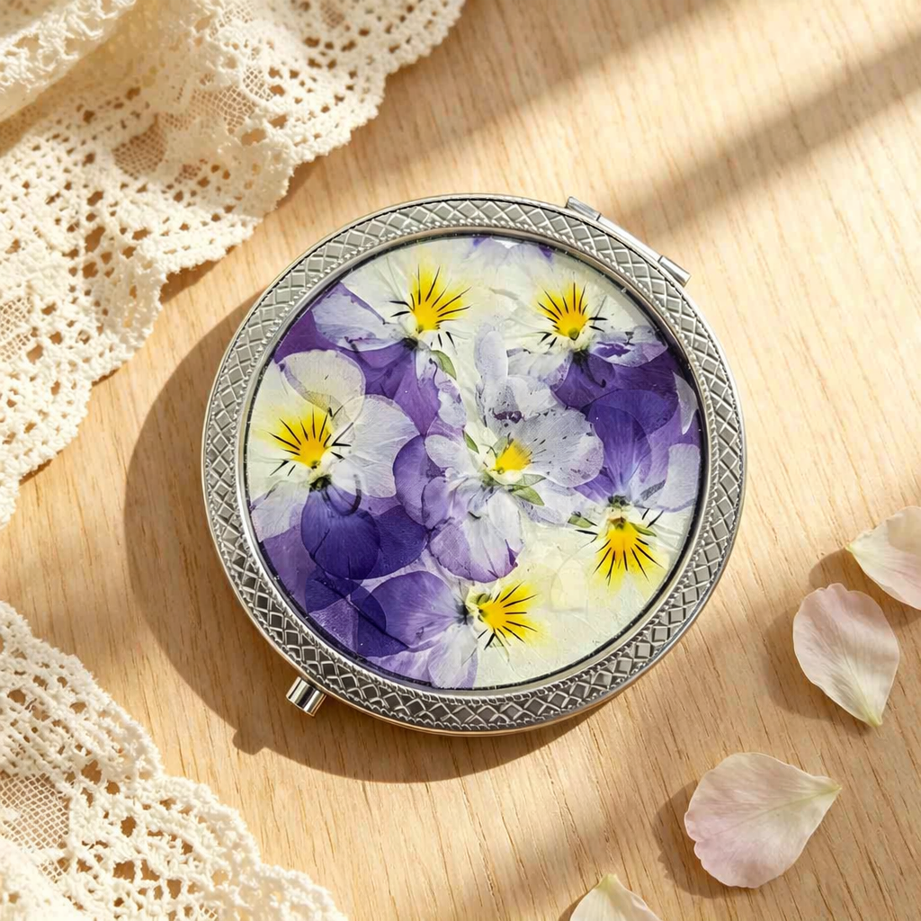 Gepresste Blume Taschenspiegel, 7 cm, metallbeschichtet, Reisekosmetikspiegel, Silber/Gold/Roségold