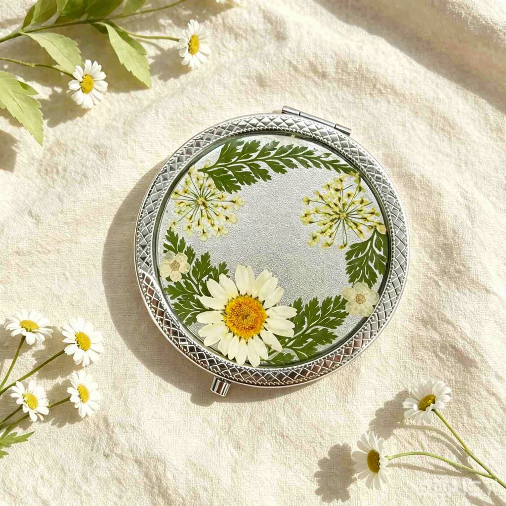 Handgemachter Taschenspiegel mit gepresster echter Blume, Reise-Make-up-Spiegel, 7 cm, Silber Gold Roségold