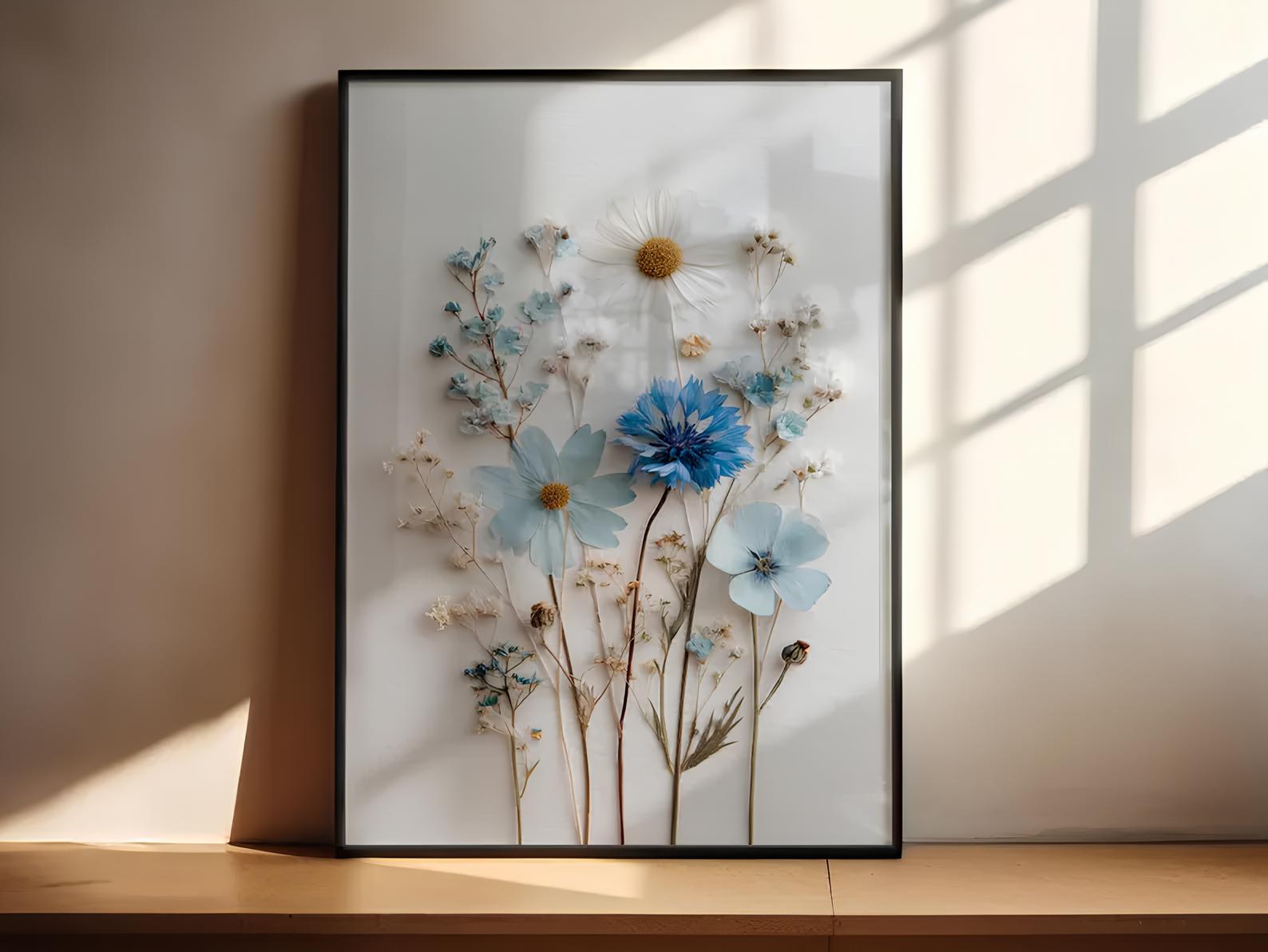 Blaue Wildblumen Kunst Gänseblümchen Poster Cottagecore Dekor Ungerahmt