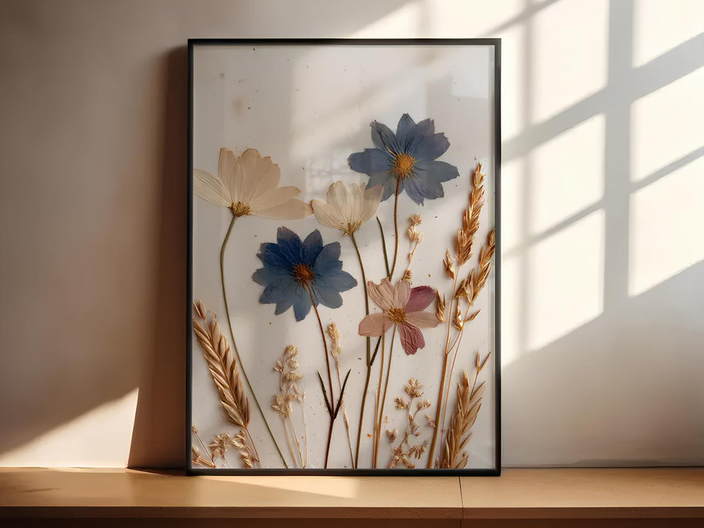 Gepresste Blumen Wandkunst – Blauer Kosmos Botanischer Druck – Getrocknete Wildblumen Poster – Vintage Pflanzenkunst