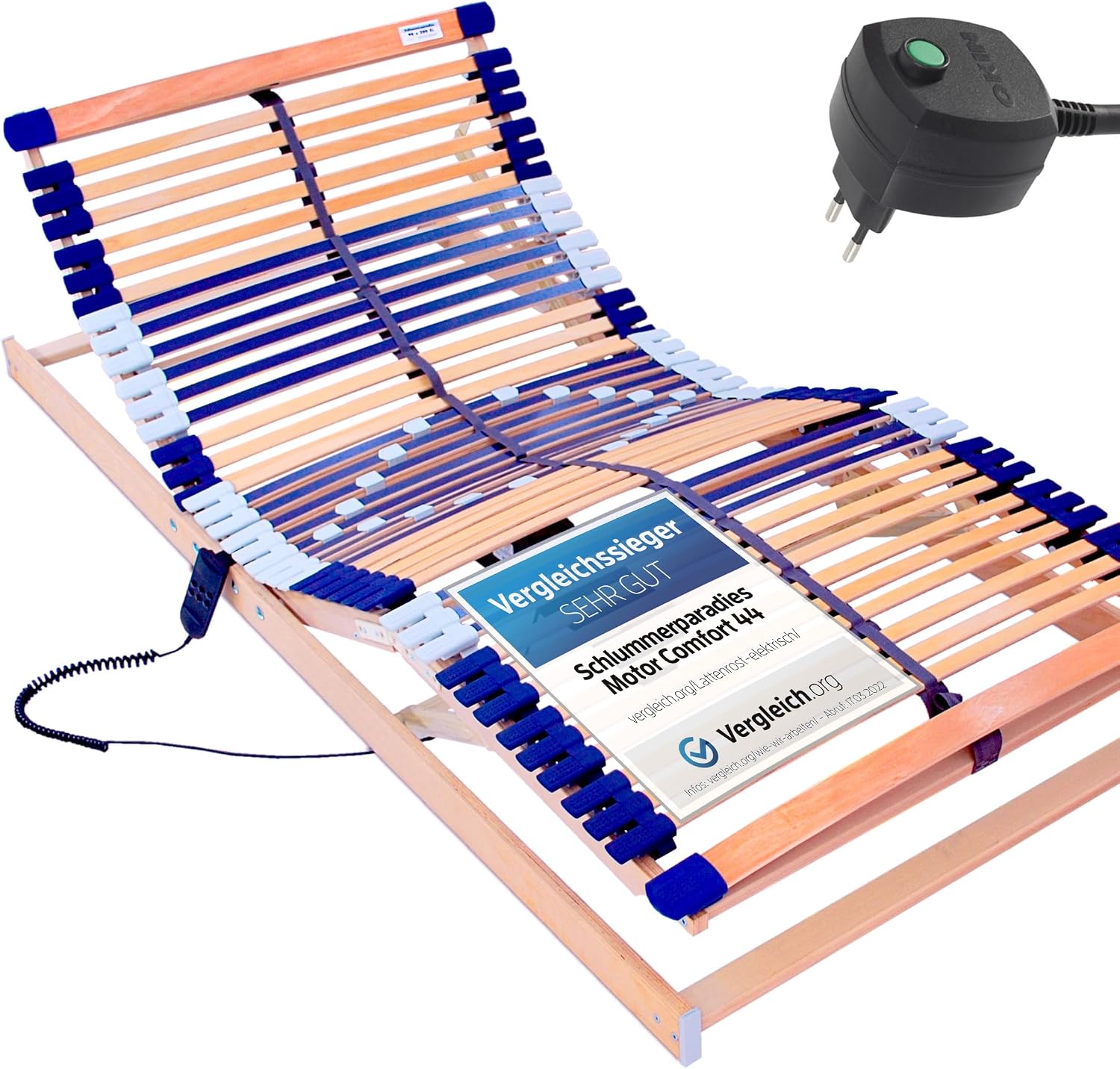 Elektrischer Lattenrost Motor Comfort 44 90x200 cm 7 Zonen Buchenholz 44 Federleisten Kopf- und Fußteil verstellbar