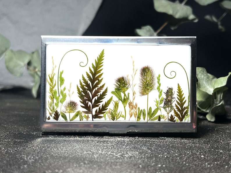 Echte Blumen Visitenkartenhalter, Kreditkartenhalter, Kartenetui mit getrockneten Blumen, Metall, Kunstharz