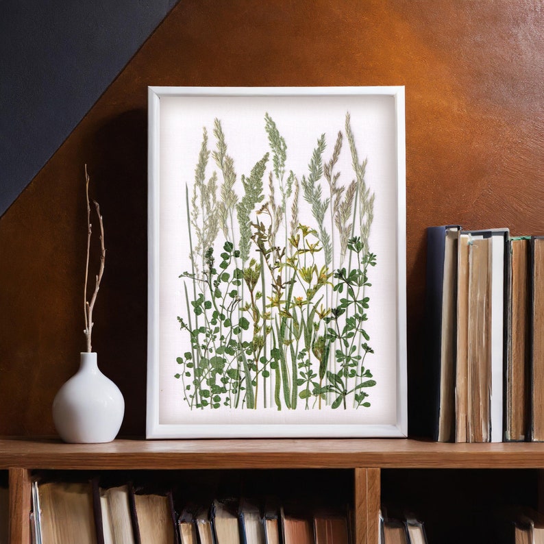 Getrocknete Graskunst im Rahmen 20x30 cm – Handgepresste Blumen und Pflanzen Oshibana-Dekoration