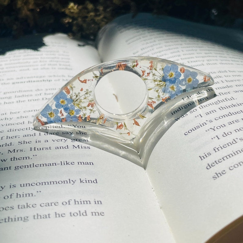 Harz Buch Seitenhalter mit Vergissmeinnicht Blumen, Daumenstreuer Buchzubehör, 8 cm