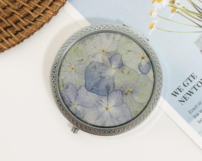 Natürlicher Taschenspiegel mit gepresster Blume, Reise Make-up Spiegel, 7 cm, Silber/Gold/Roségold