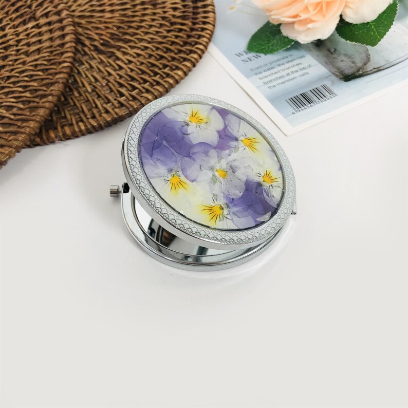 Gepresste Blume Taschenspiegel, 7 cm, metallbeschichtet, Reisekosmetikspiegel, Silber/Gold/Roségold