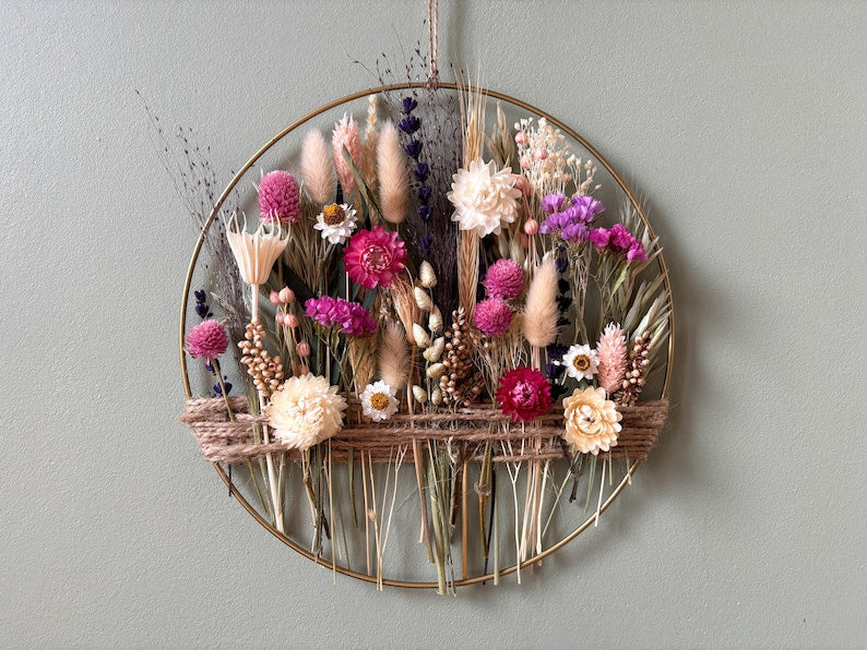 Blumenkranz aus Trockenblumen, Herbstliche Wanddeko, Goldene Rose, Creme, Weizen, Pflaume, 50 cm