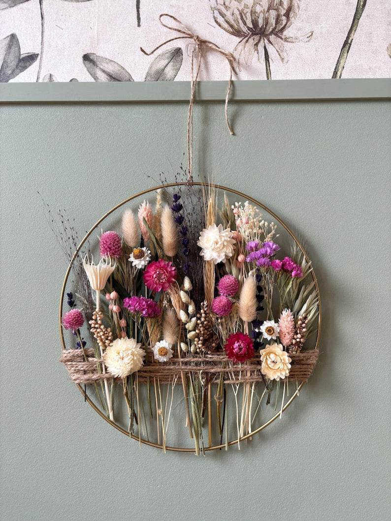 Blumenkranz aus Trockenblumen, Herbstliche Wanddeko, Goldene Rose, Creme, Weizen, Pflaume, 50 cm
