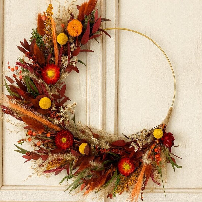 Vintage Herbstkranz Rot Burnt Orange Sonnenblumen Trockenblumen Türkranz