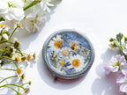 Gepresste Blume Taschenspiegel, Silber, 7,8 cm, zwei Spiegel, floraler Kompaktspiegel, Reise