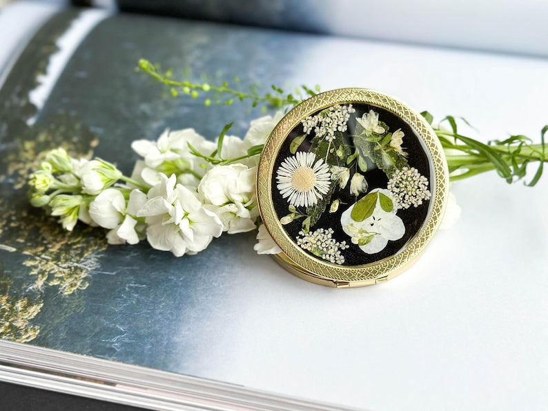 Gepresste Blume Kompaktspiegel – Echte Blumen, Gold Finish, 7,8 cm, Handgefertigt