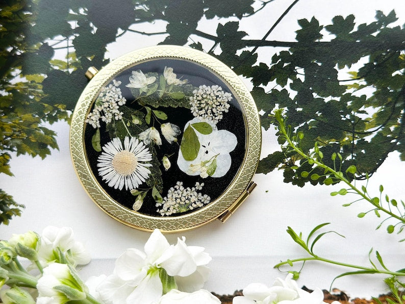 Gepresste Blume Kompaktspiegel – Echte Blumen, Gold Finish, 7,8 cm, Handgefertigt