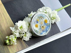 Gepresste Blume Taschenspiegel, Silber, 7,8 cm, zwei Spiegel, floraler Kompaktspiegel, Reise