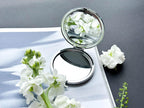 Gepresste Blume Taschenspiegel, Silber, 7,8 cm, zwei Spiegel, floraler Kompaktspiegel, Reise