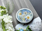 Gepresste Blume Taschenspiegel, Silber, 7,8 cm, zwei Spiegel, floraler Kompaktspiegel, Reise