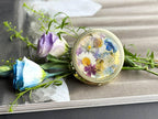 Silberner Taschenspiegel mit gepresster echter Blume, goldfarbenes Finish, Handwerkskosmetik, Hochzeitsgeschenk