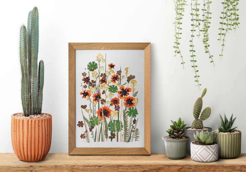 Gepresster Blumenrahmen mit echten Blumen, Trockenblumenarrangement im Holzrahmen (20x30cm)