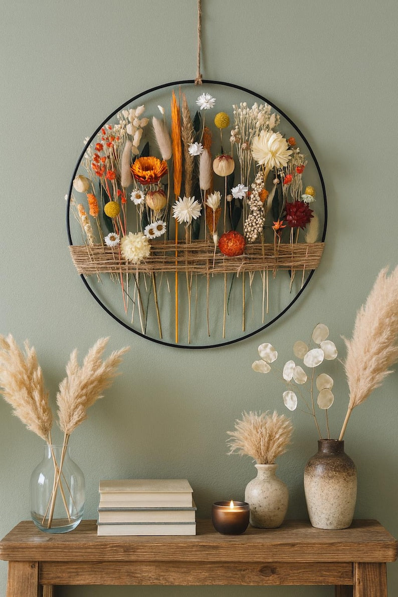 Trockenblumen Wandring – Natürliche Vintage Deko, Botanisches Wandbild mit Lavendel und Pampasgras