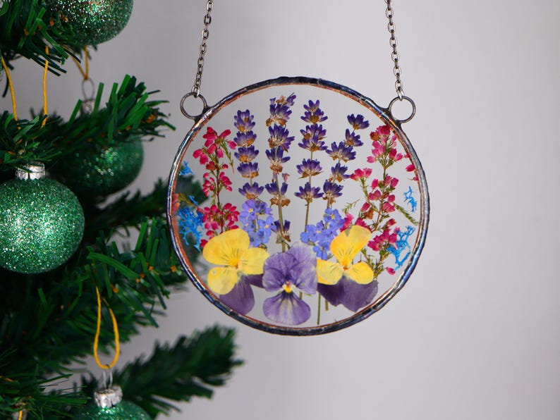 Gepresste Blume Glaskunst Suncatcher - Boho Wohnkultur, 10 cm Kreis