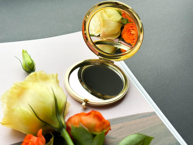 Handgefertigter Taschenspiegel mit echten gepressten Blumen, 7,8 cm, goldfarben, für Damen