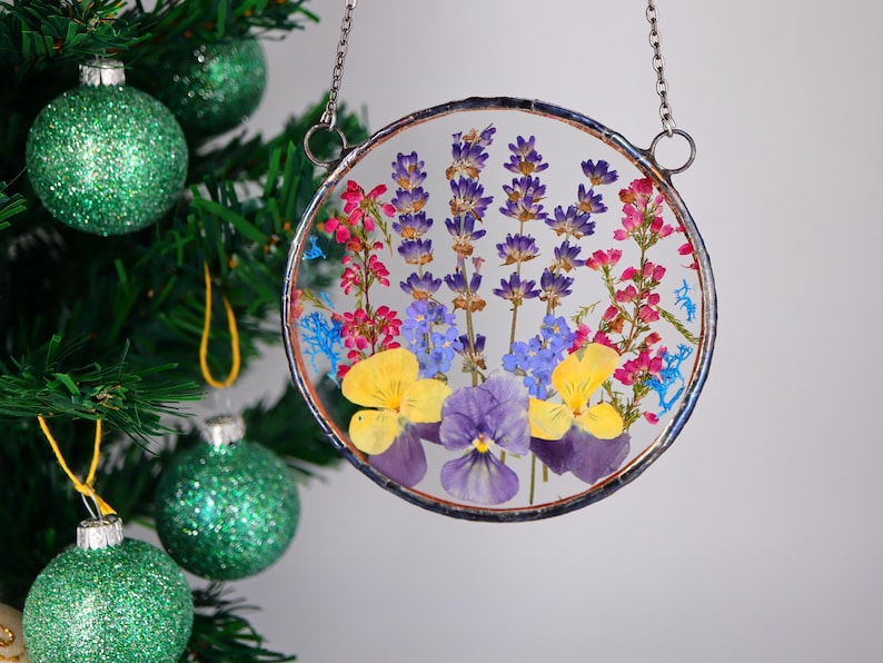 Gepresste Blume Glaskunst Suncatcher - Boho Wohnkultur, 10 cm Kreis