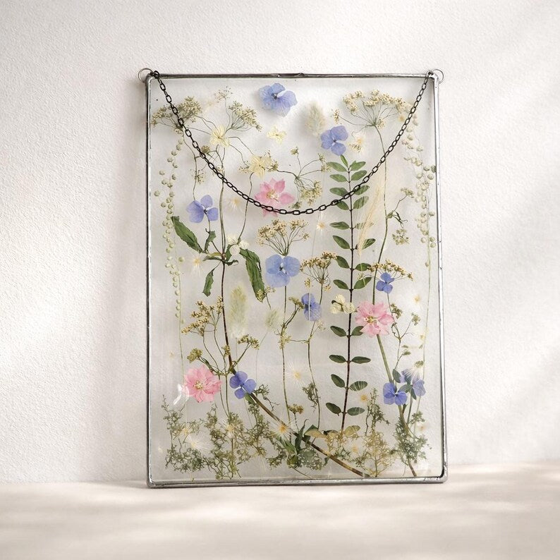 Handgepresste Blumen Wandkunst - Buntglas A4 Rahmen Botanisches Dekor