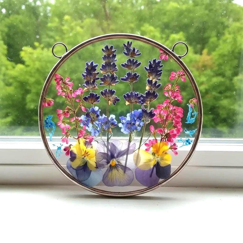 Gepresste Blume Glaskunst Suncatcher - Boho Wohnkultur, 10 cm Kreis