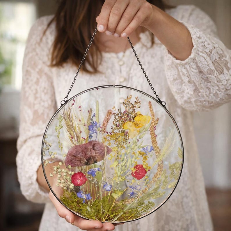 Getrocknete Blumen Glasrahmen Rund 22 cm - Botanische Wandkunst Gepresste Blumen