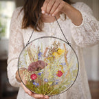 Getrocknete Blumen Glasrahmen Rund 22 cm - Botanische Wandkunst Gepresste Blumen