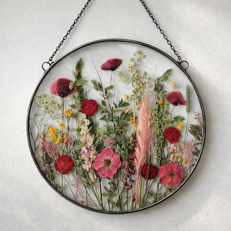 Runde gepresste Blumen-Wandkunst 22 cm botanisches Glasdekor