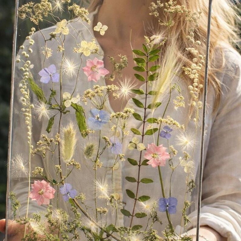 Handgepresste Blumen Wandkunst - Buntglas A4 Rahmen Botanisches Dekor
