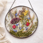 Getrocknete Blumen Glasrahmen Rund 22 cm - Botanische Wandkunst Gepresste Blumen